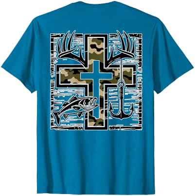 Camo Cross Fishing Faith Christian 2 Sided Hunting Fishing Cross Camo Faith Christian Fisherman Hunter T-Shirt - size chart