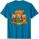 Three Hero Pigs Storytime Legends Bad Wolf in personalized costume 3 Pigs on the back T-Shirt - size chart