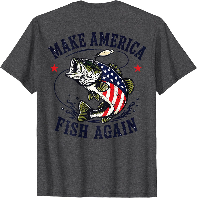 Make America Fish Again Largemouth Bass Patriotic Men Make America Fish Again 4th July Fish Patriotic USA Flag T-Shirt - Dark Heather Grey