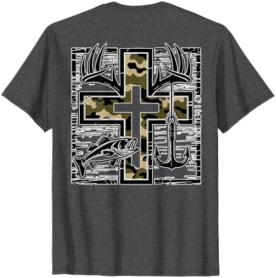Camo Cross Fishing Faith Christian 2 Sided Hunting Fishing Cross Camo Faith Christian Fisherman Hunter T-Shirt - size chart