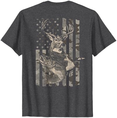 Fishing and Hunting Outdoors Designs Hunting and Fishing American Flag (Design on Front and Back) T-Shirt - size chart