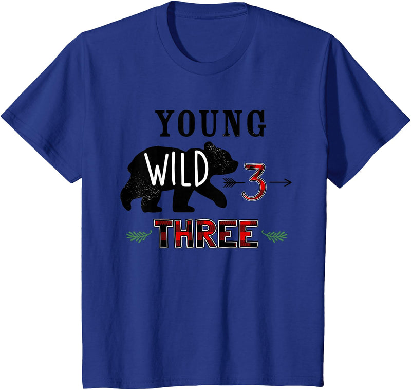 UrbanWear Bear Buffalo plaid Young Wild & Three 3 years 3rd Birthday T-Shirt - Royal Blue