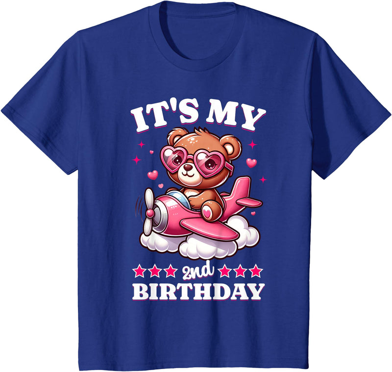 2 Year Old Girl Plane Birthday Party Kids Designs Kids 2nd Birthday Girls Airplane Birthday Party Teddy Bear Plane T-Shirt - Royal Blue