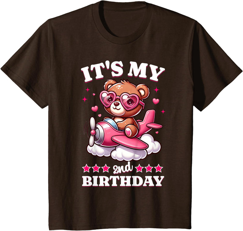 2 Year Old Girl Plane Birthday Party Kids Designs Kids 2nd Birthday Girls Airplane Birthday Party Teddy Bear Plane T-Shirt - Brown