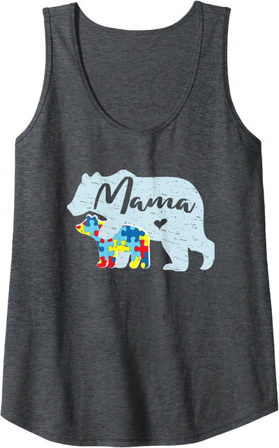 Womens Mama Bear Cute Autism Awareness Mom With Puzzle Piece Cub Tank Top