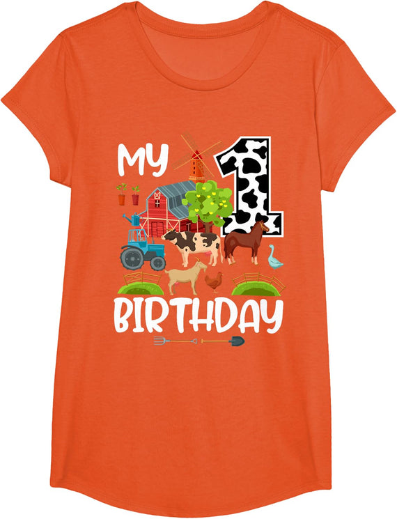 My 1st Birthday Farm Tractor Animals - 1 Year Old Gift T-Shirt - Girls Orange