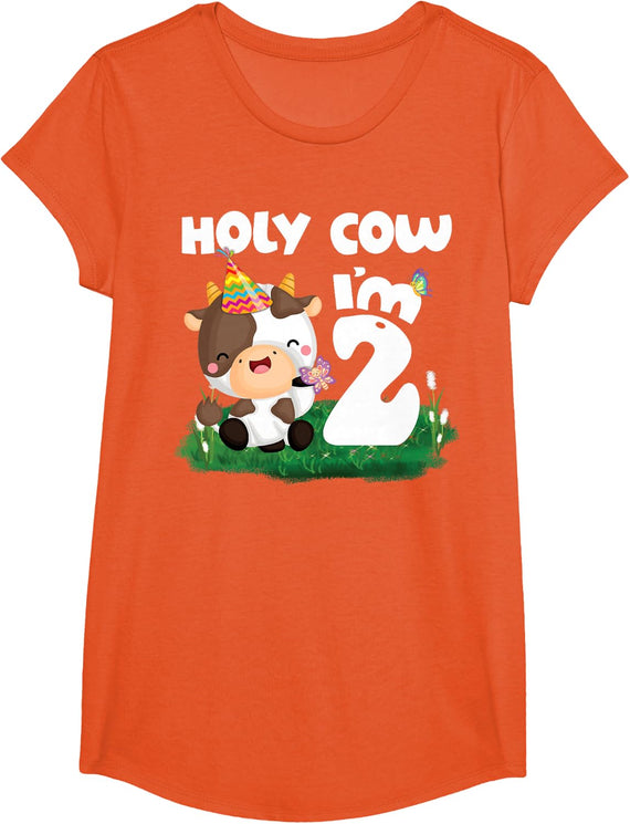 Holy Cow I'm 2 Two Birthday Girl Boy Moo Moo 2nd Birthday T-Shirt - Girls Orange