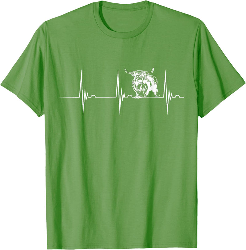 Loveable Highland Cows Hairy Coos Scottish Highland Cow Heartbeat EKG Pulse Highlander Cow T-Shirt - Grass Green