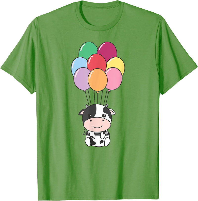 Cute Balloon Animals For Birthday Cow Flies With Colorful Balloons Kawaii Cows T-Shirt - Grass Green