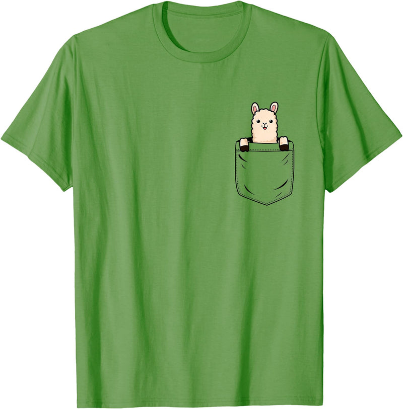Llama Lover Designs by T&T Llama Lovers Cute Funny Llama in Pocket T-Shirt - Grass Green