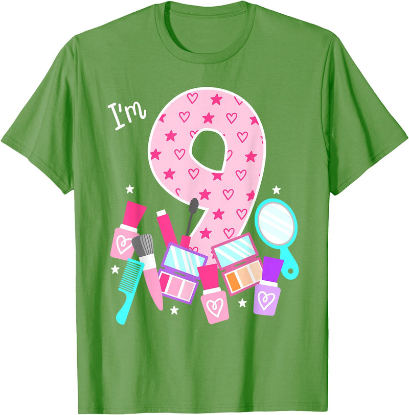 Birthday Girl Spa Squad Outfit Gifts Shop Spa Birthday Party I'm 9 Girls Makeup 9th Bday Kids Toddlers T-Shirt - Grass Green