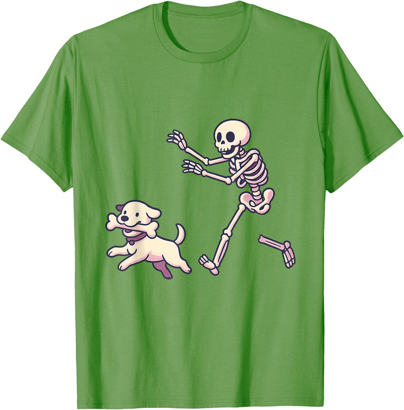 Funny Skeleton Dog Bone Halloween Kawaii Dog Steals Bone from Skeleton Running Halloween T-Shirt - Grass Green