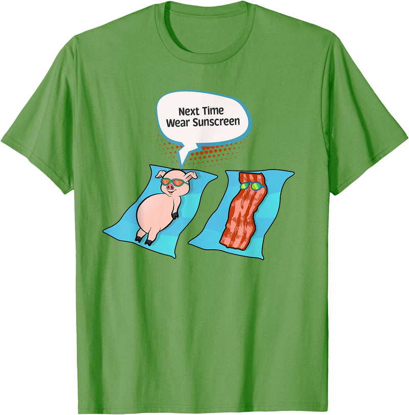Bacon T Shirt Co Next Time Wear Sunscreen Funny Pig Bacon Sunbathing T-Shirt - Grass Green