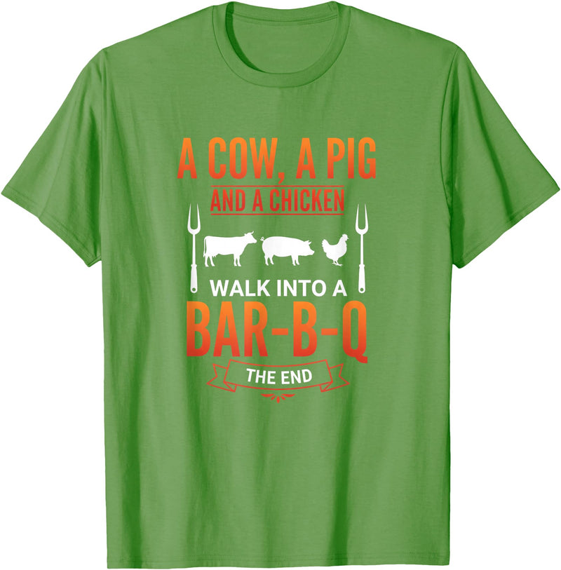 Bbq Humor Barbecue Grilling Pig Cow Chicken Funny A Cow A Pig and A Chicken Walk Into A Bar B Q Funny BBQ Gril T-Shirt - Grass Green