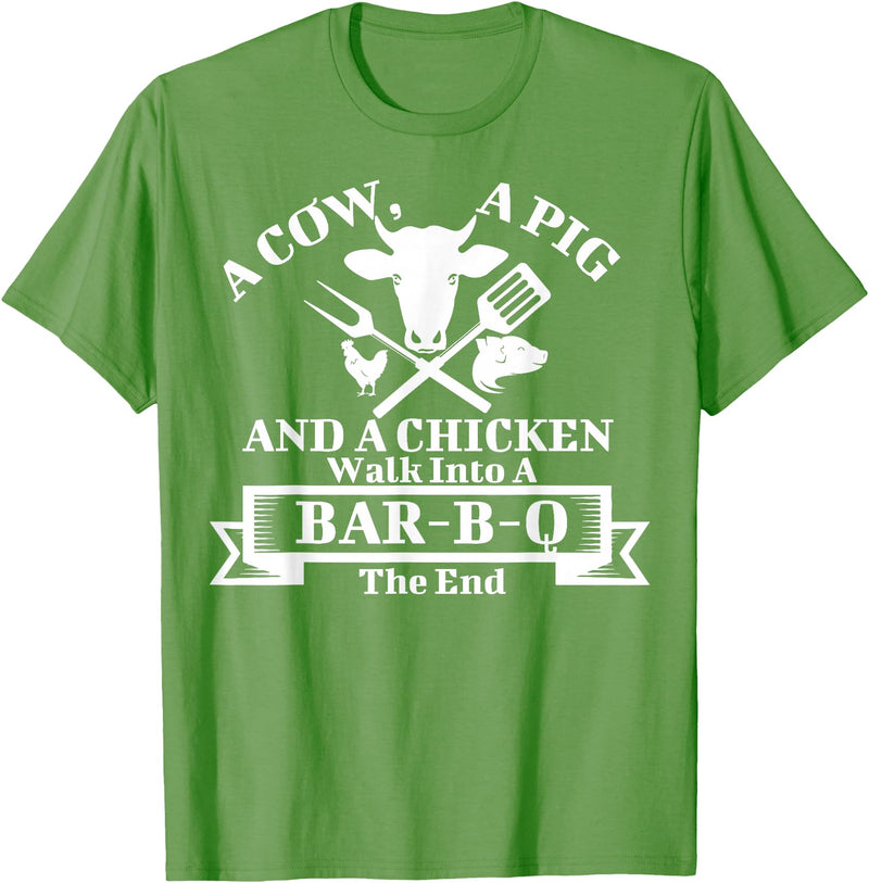 A Cow, A Pig And A Chicken Shirts A Cow, A Pig And A Chicken Walk Into A Bar-B-Q. The End T-Shirt - Grass Green