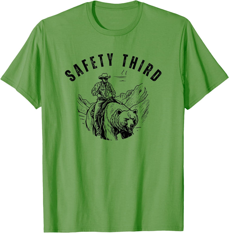 Exteevaganza Safety Third Cowboy Riding Bear Humorous Graphic T-Shirt - Grass Green