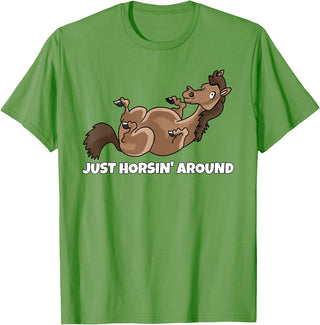 Horse Riding Stable Equestrian Outfits And Gifts Just Horsin' Around Horse Rider Horses Equestrian T-Shirt - Grass Green
