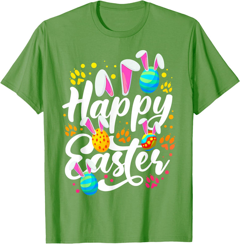 Funny Happy Easter Eggs with Easter Bunny Rabbit Ears T-Shirt in Grass Green