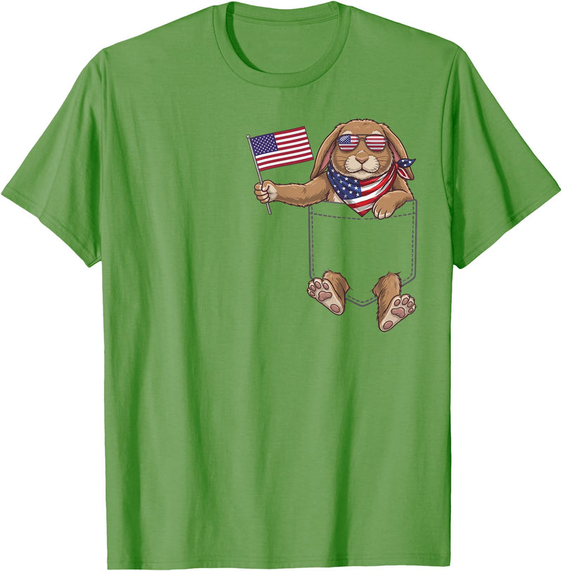 Rabbit Pocket Patriotic American Flag 4th of July USA T-Shirt in Grass Green