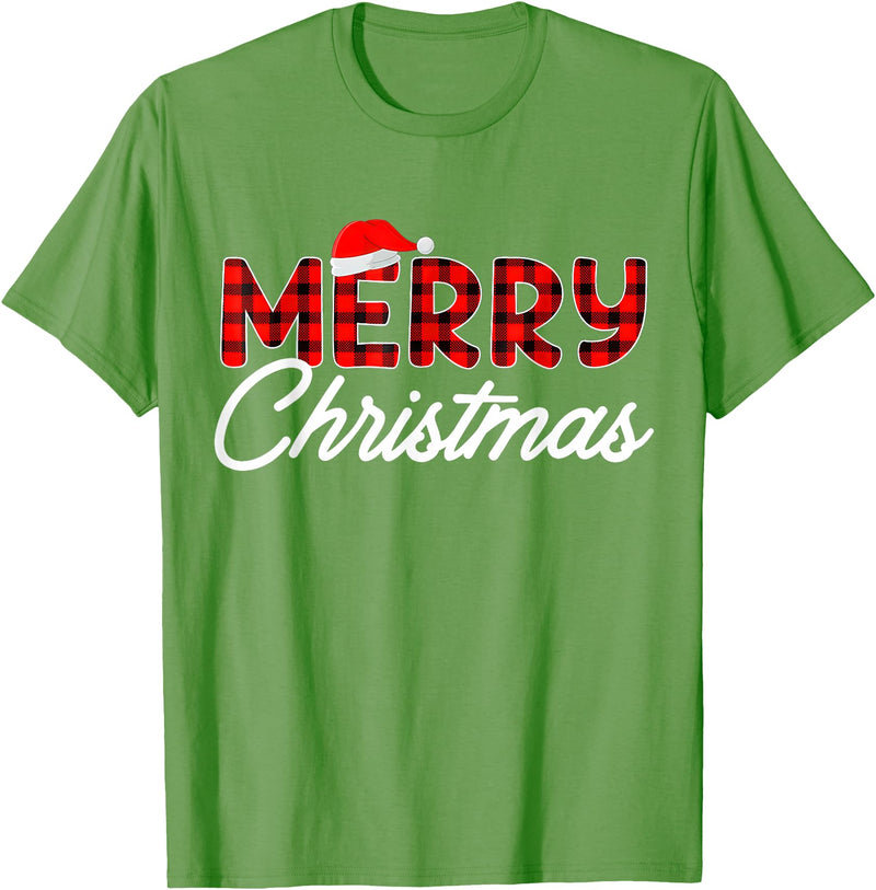 Merry Christmas Buffalo t -shir t Merry Christmas Buffalo Plaid Red Santa Hat Xmas Pajamas T-Shirt - Grass Green