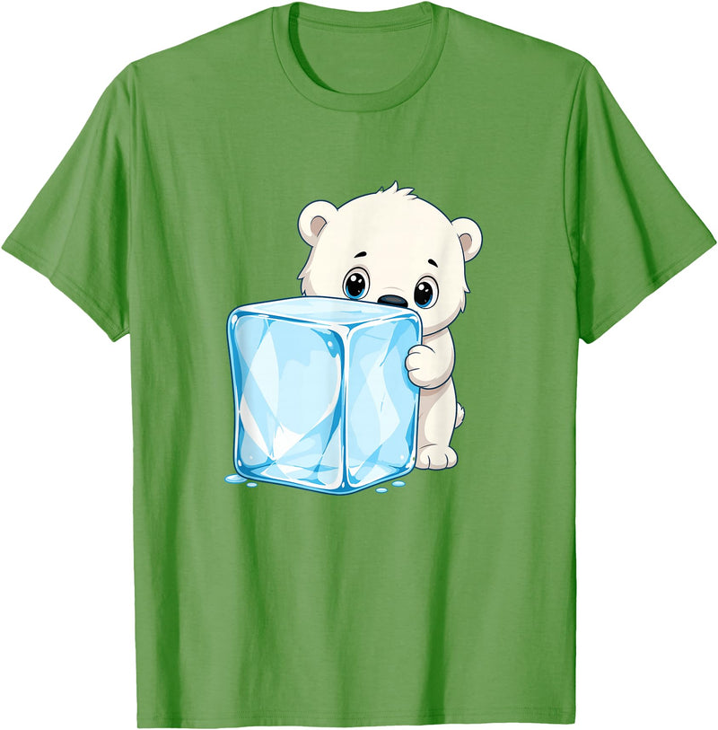 Cute Polar Bear Ice Cube Arctic Kawaii Adorable Baby Polar Bear Hugging Big Ice Cube T-Shirt - Grass Green
