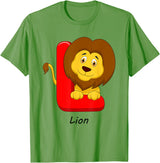Cute Colorful Zoo Cartoon Animal ABC Children's Letters Motif L Like Lion T-Shirt - Grass Green