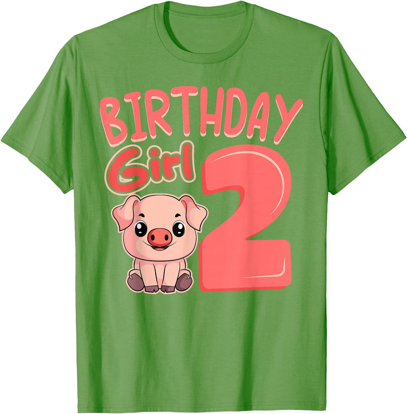 Pig Birthday 2 Cute Girl Farm Party Apparel Pig 2nd Birthday Girl Party Oink Farm Hog Farmyard Piggy T-Shirt - Grass Green