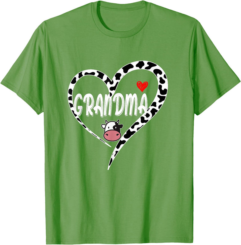 Black White Family Cow Farm Grandma Cow Print Cow Heart Pattern Farmer Cows Mother's Day T-Shirt - Grass Green