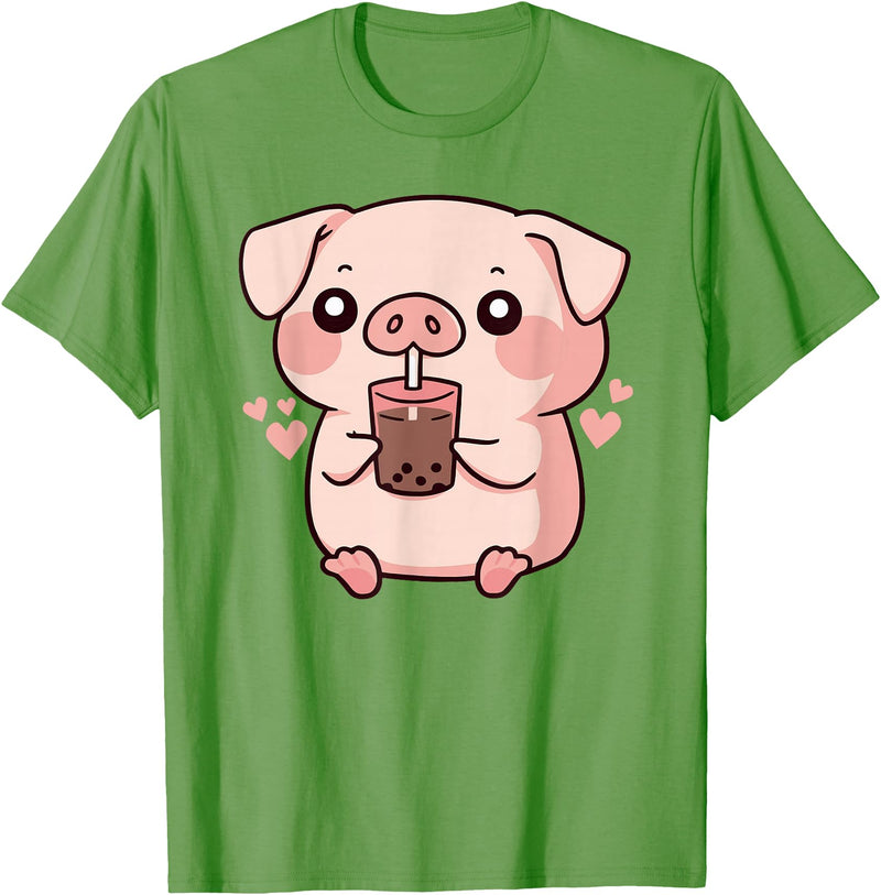 Bubbly Piglets Collection Cute kawaii cartoon pig drinking bubble tea T-Shirt - Grass Green