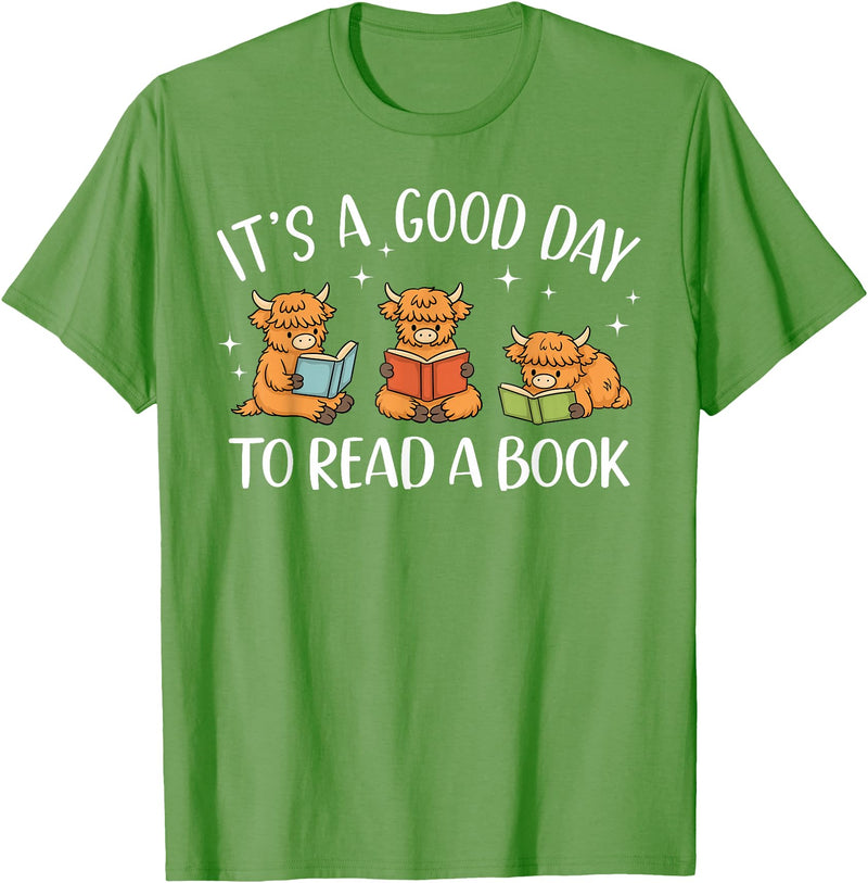 Cute Highland Cow Reading Book Lover It's A Good Day to Read A Book Highland Cow Bookworm T-Shirt - Grass Green
