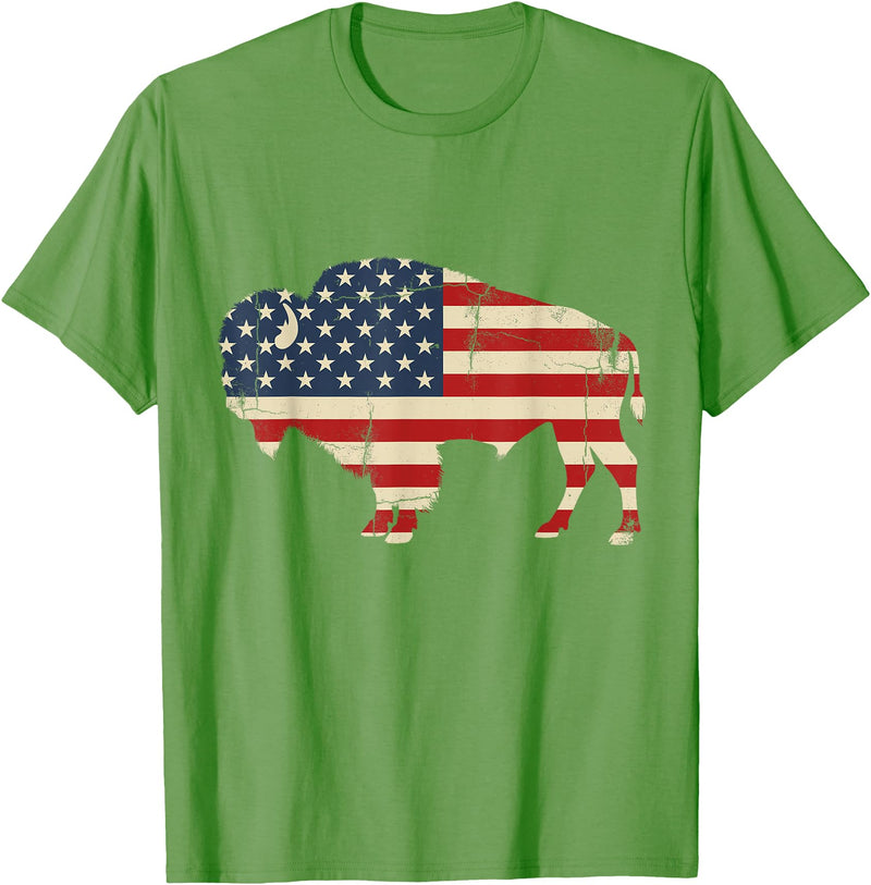 Bison American Buffalo Patriotic Heritage Lr Vintage Buffalo American Flag USA Bison Lover Wildlife T-Shirt - Grass Green
