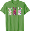 Cute Pink Leopard Eggs Flower Happy Easter Bunny Rabbit T-Shirt in Grass Green