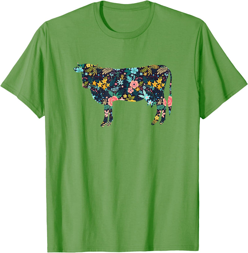 Cow Floral Silhouette Cattle Farm Lover Floral Cow Silhouette Womens Girls Cow Farm Animal T-Shirt - Grass Green