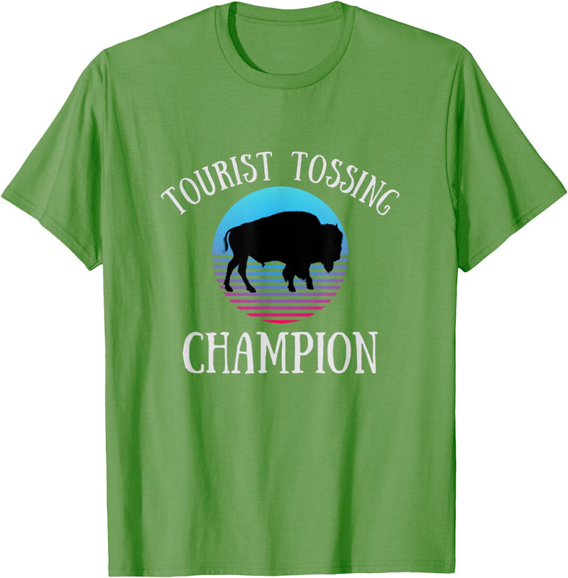 Fluffy Cows Tourist Tossing National Park Apparel Funny Bison Tourist Tossing Champion National Park T-Shirt - Grass Green