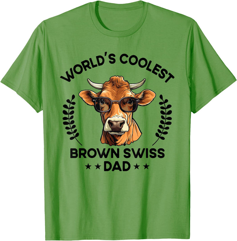 The Woof Wardrobe World's Coolest Cow Dad Papa - Men Farmer Brown Swiss T-Shirt - Grass Green
