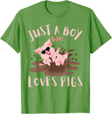 Funny Pig Lover Farm Animals Just A Boy Who Loves Pigs sunglasses In the Mud Kids Boy T-Shirt - Grass Green