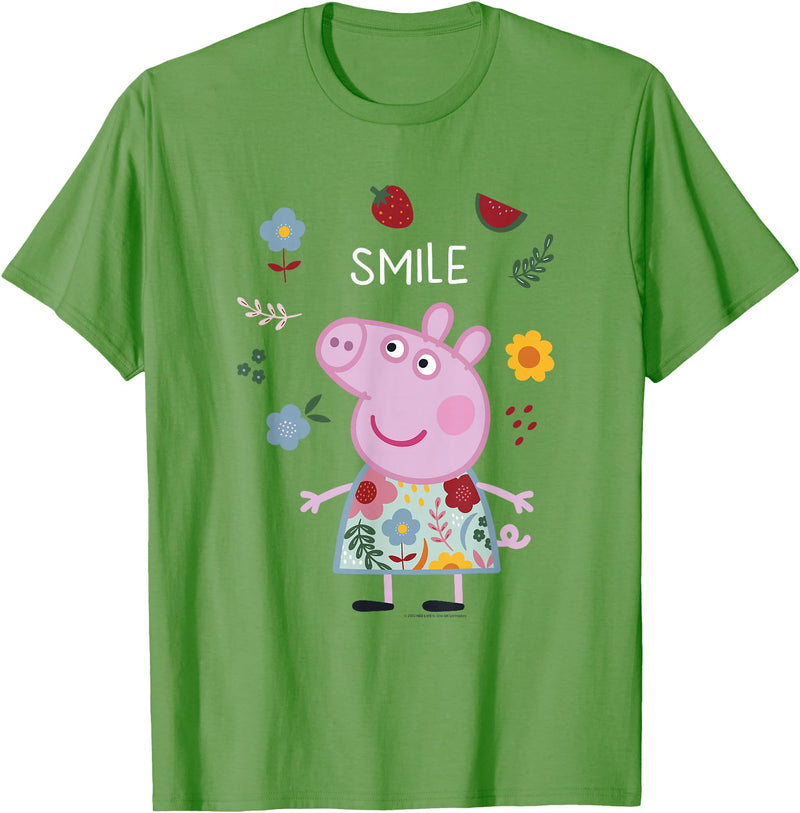 Peppa Pig Smile Cute Flowers & Fruit Full Body Portrait T-Shirt - Grass Green