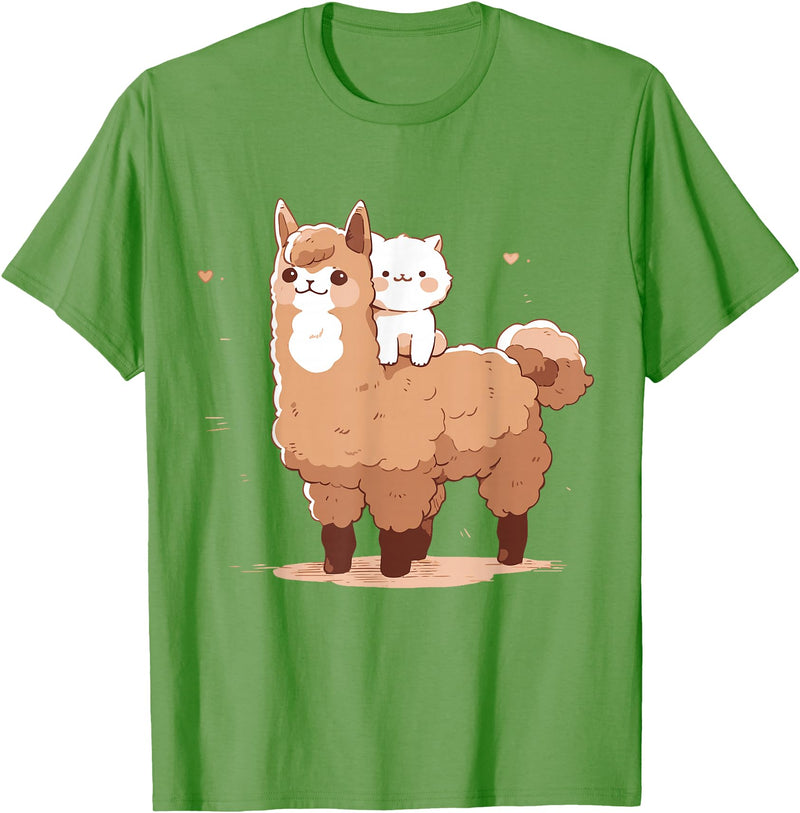 Funny Llama Alpaca Animal Lover Gifts Clothing Llama Alpaca Cat T-Shirt - Grass Green