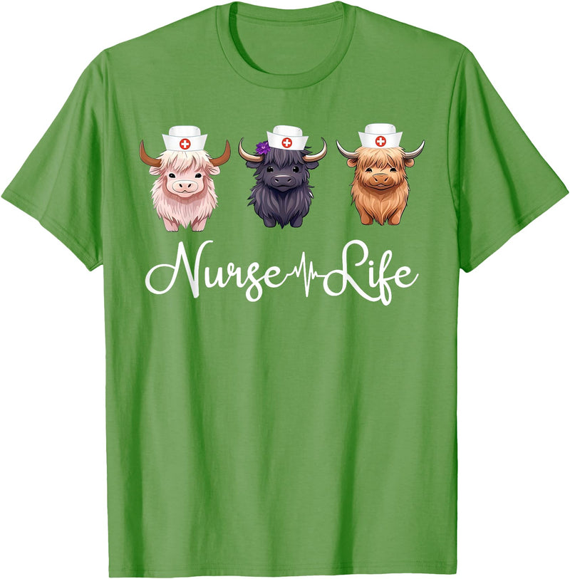 Highland Cow Nurse Life Costume Cute Highland Cow Nurse Life Farm Animal Lover Nursing T-Shirt - Grass Green