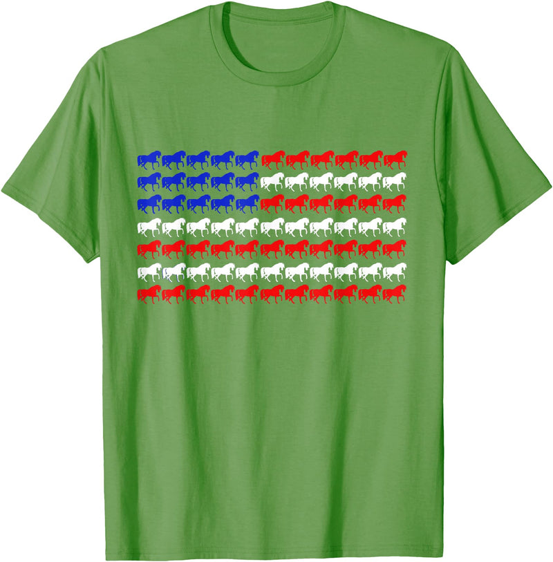 Horse Owners Gear USA Horse Lover Patriotic US Flag Prancing Horses Silhouette T-Shirt - Grass Green