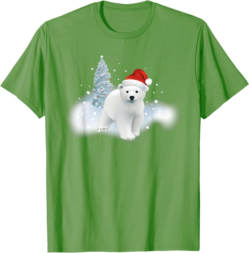 Happy Holiday Season Snow Gifts For Women Cute Christmas Polar Bear Red Santa Hat Lighted Tree Snow T-Shirt - Grass Green