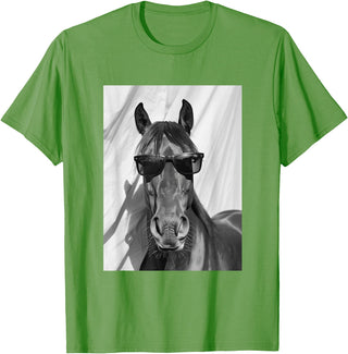 Funny Animal Photography Clothing Co. Cute Horse with Sunglasses Farm Animal Photo Booth T-Shirt - Grass Green