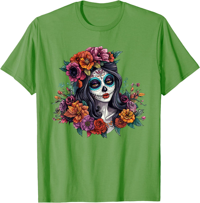 Sugar Skull Dia De Los Muertos Floral Skull Day of The Dead Sugar Skull Woman Floral Crown T-Shirt - Grass Green