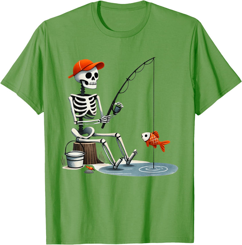 Funny Skeleton Fishing Halloween Men Tees Skeleton Fishing Halloween Costume Funny Men Boys Kids T-Shirt - Grass Green