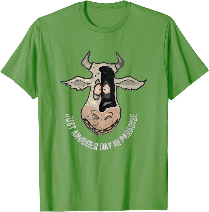 Outstanding in the Field Just Anudder Day in Paradise Funny Cow Farmer Dairy T-Shirt - Grass Green