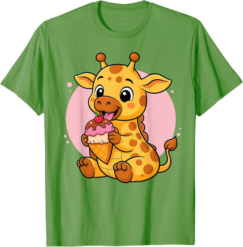 Funny Cute Giraffe Ice Cream Kawaii Design Giraffe Eating Ice Cream Graphic Boys Girls Giraffe Lover T-Shirt - Grass Green