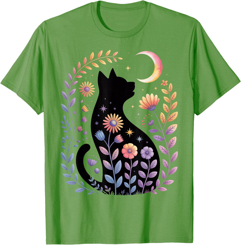 Halloween Black Cat Costume Mystical Cat Lover Midnight Cat and Crescent - Enchanted Lunar Garden Scene T-Shirt - Grass Green