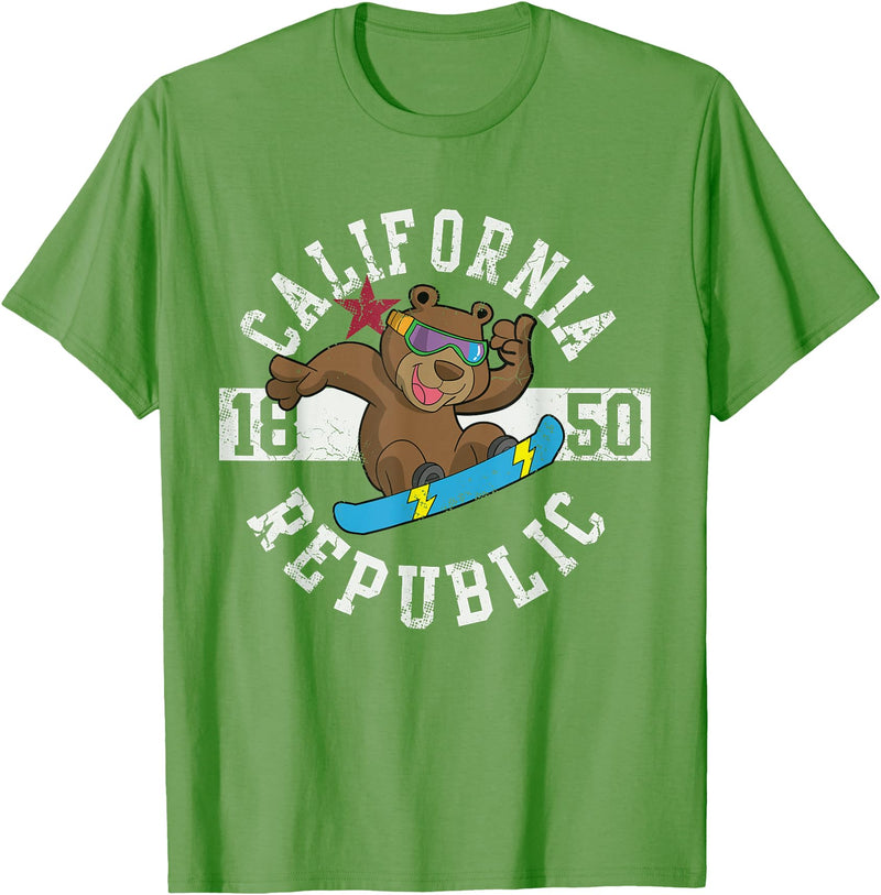 California Gift Kids Boys Girls Men Women Mom Dad California Republic Bear Snowboarder Snowboarding Snowboard T-Shirt - Grass Green