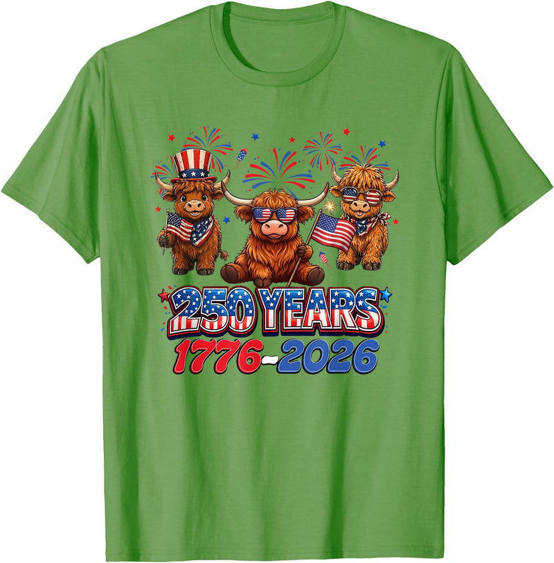 Scottish Highland Cow Print 250th Anniversary Gift 250 Years America Anniversary Cow 4th July America 1776 2026 T-Shirt -