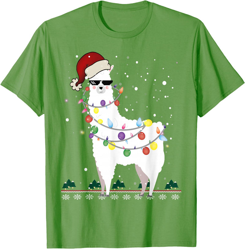 Christmas Llama Santa Hat Ugly Xmas Tee Christmas Llama Santa Hat Ugly Xmas Tree Alpaca Gift T-Shirt - Grass Green